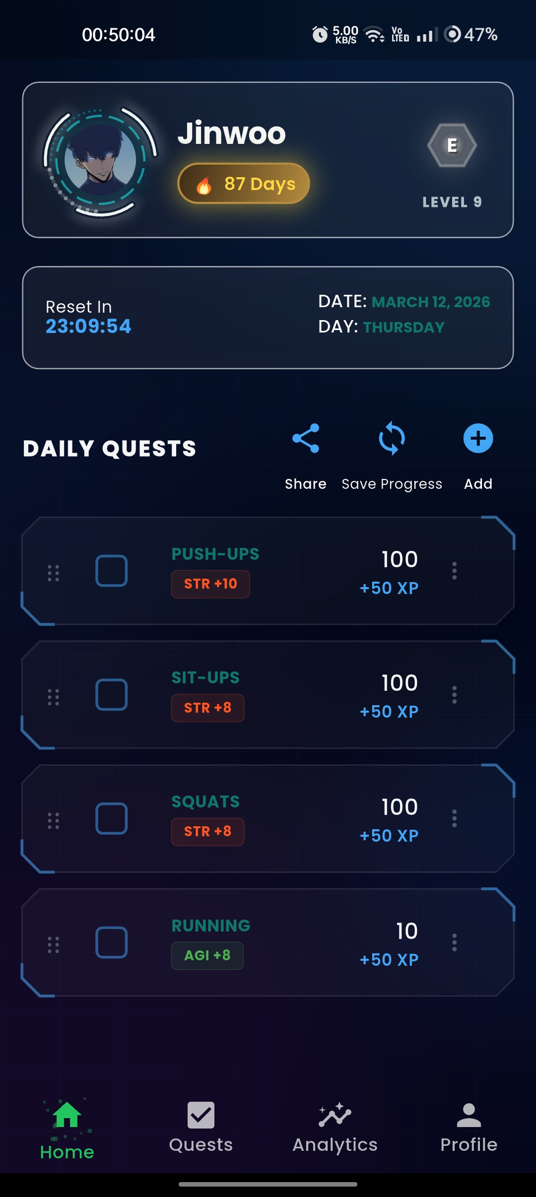 ARISE SOLO Home Screen - Solo Leveling System Workout